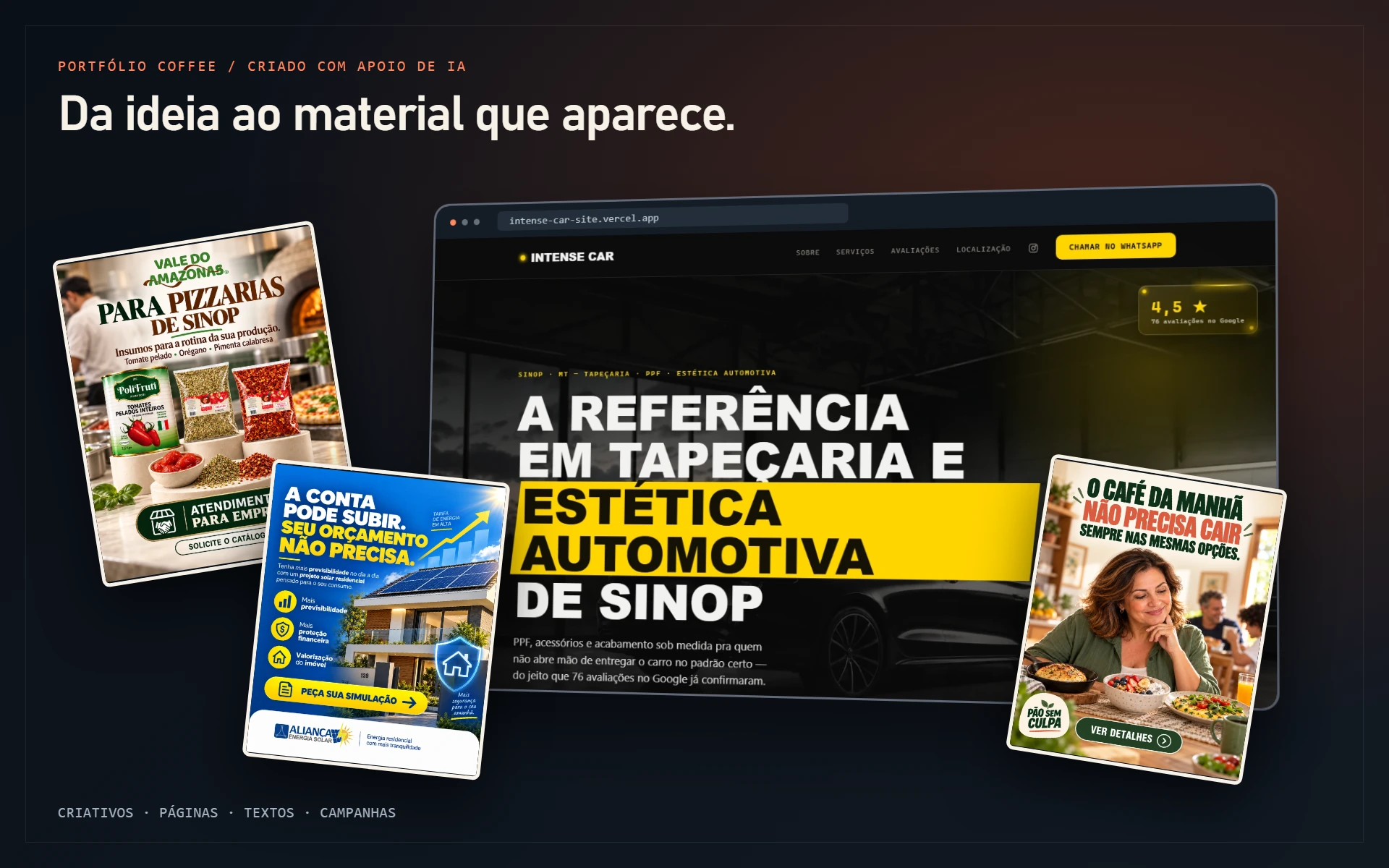 Apresentação com a página da Intense Car e criativos da Vale do Amazonas, Aliança Solar e Glico Leve