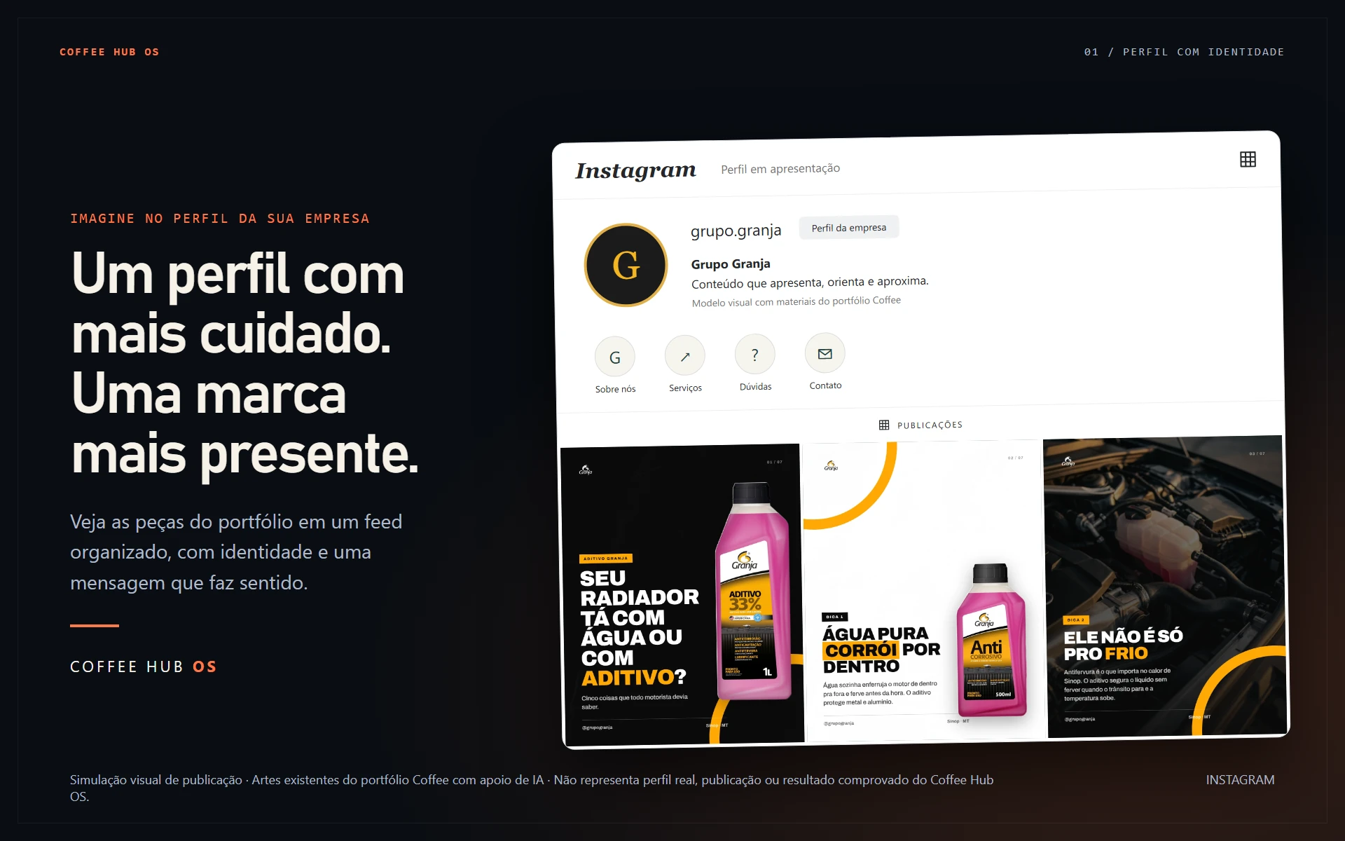 Simulação de feed de Instagram com três peças do Grupo Granja organizadas no perfil